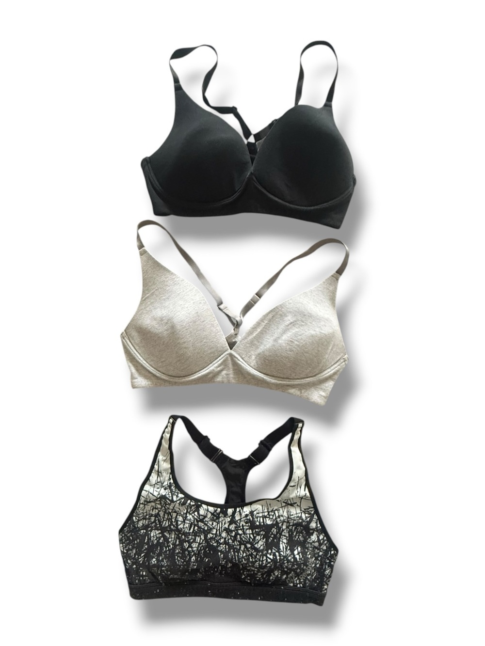 3x Sports Bras Lot Large L Black Grey Pattern Underwire Wireless Activewear Set